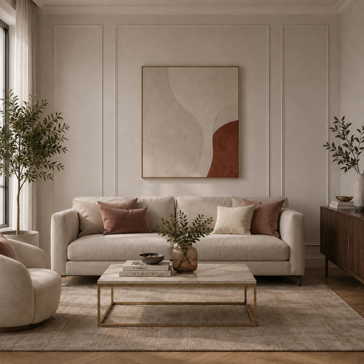 Bright living room with cream sofa and dusty rose cushions before installing the gold ribbed glass globe Nordic wall sconce
