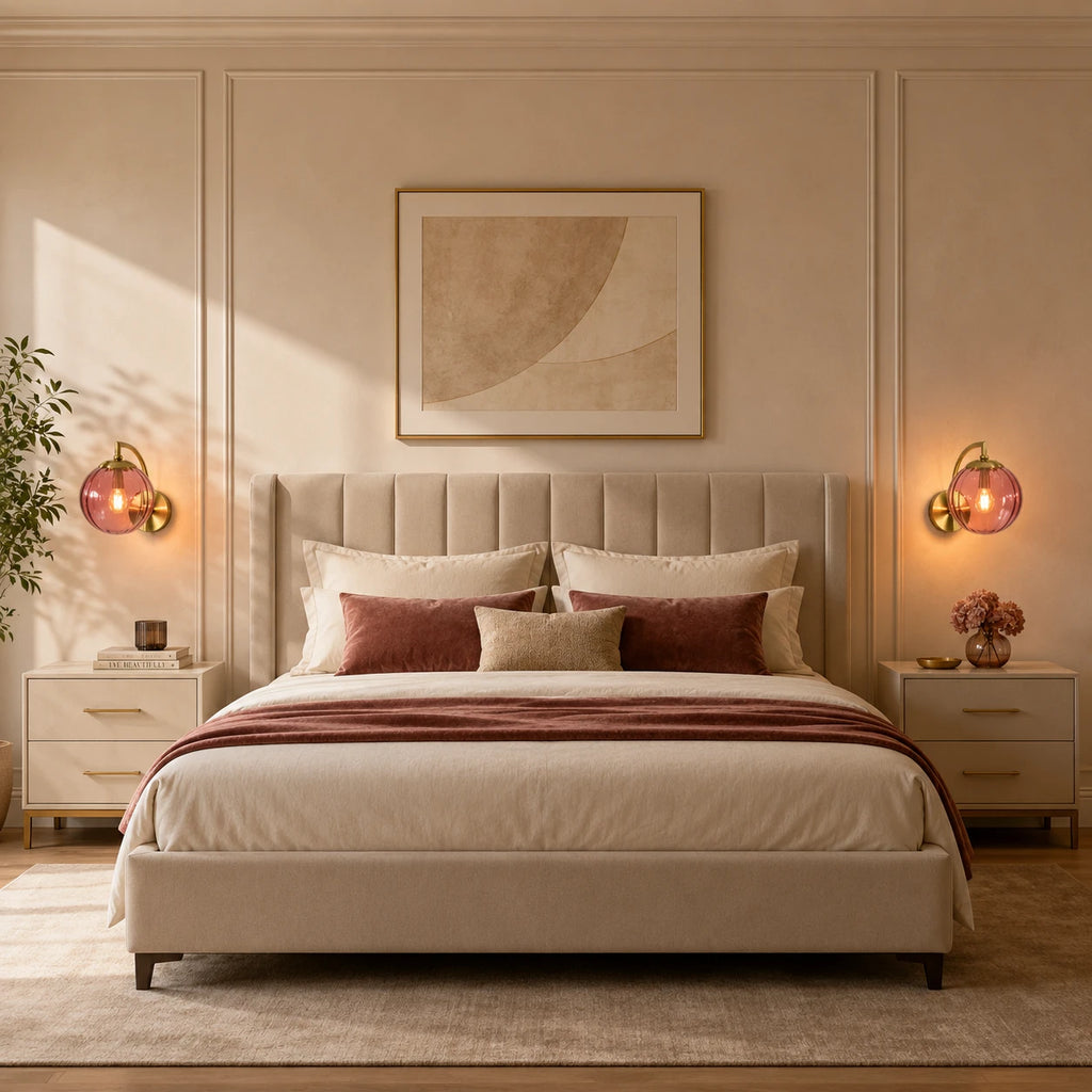 Gold Ribbed Glass Globe Nordic Wall Sconces in gold with rose red globe as bedside lights in Nordic bedroom