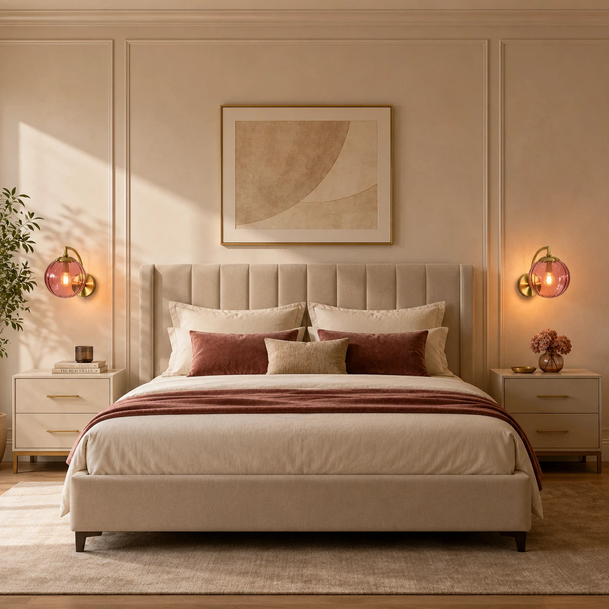Gold Ribbed Glass Globe Nordic Wall Sconces in gold with rose red globe as bedside lights in Nordic bedroom