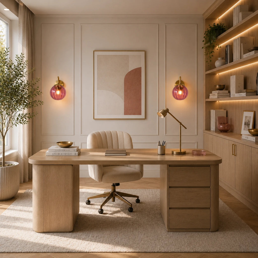 Gold Ribbed Glass Globe Nordic Wall Sconces in gold with rose red globe flanking a desk in a home office