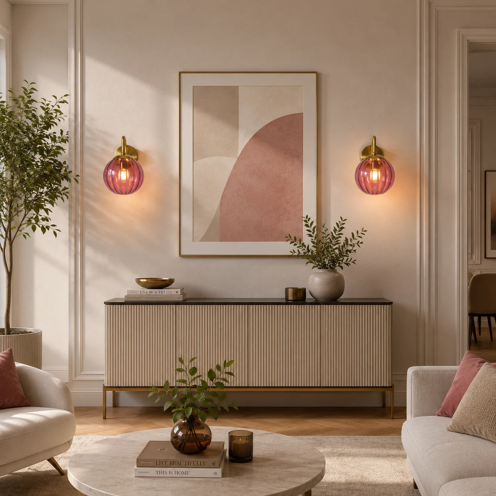 Gold Ribbed Glass Globe Nordic Wall Sconces in gold with rose red globe in a warm Nordic living room