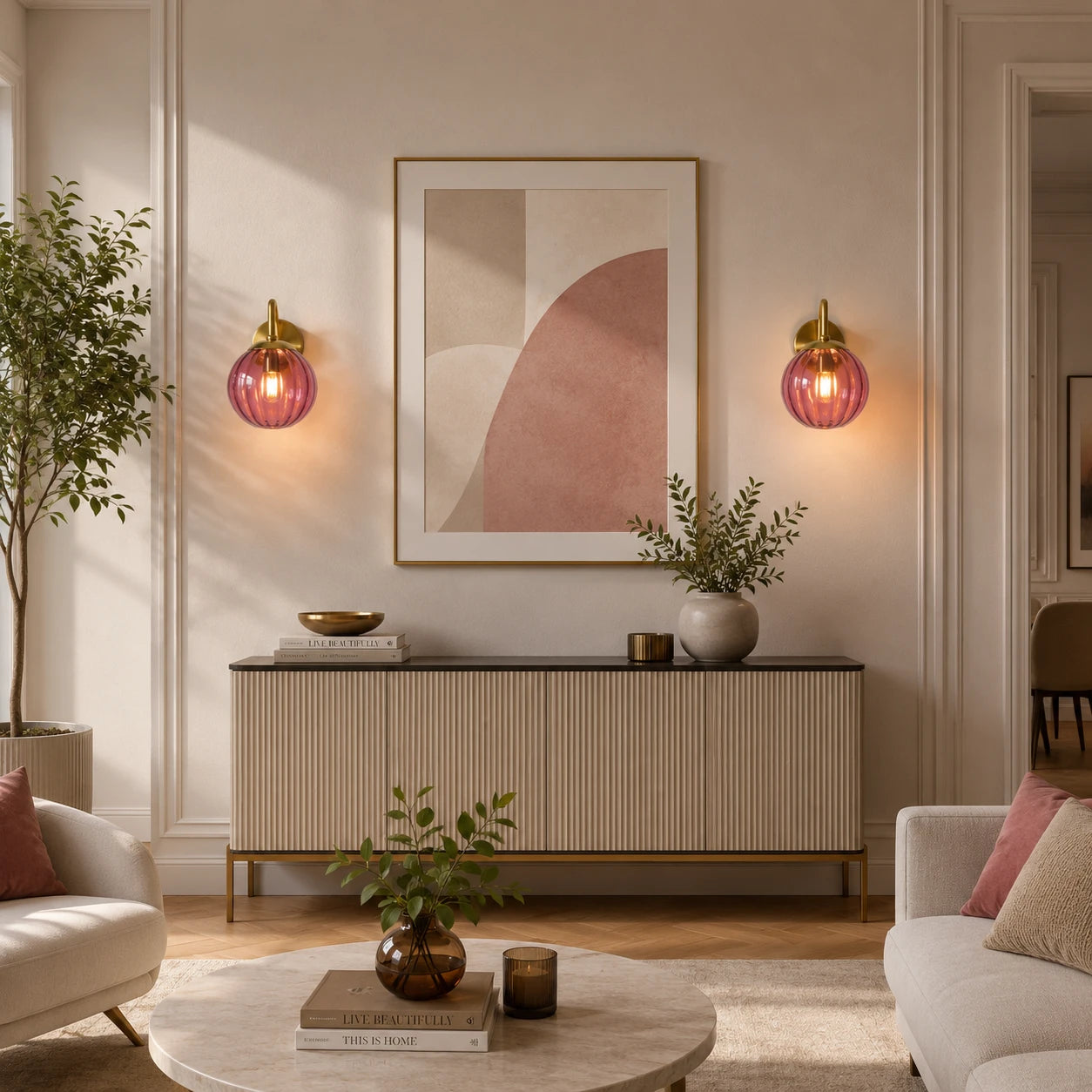 Gold Ribbed Glass Globe Nordic Wall Sconces in gold with rose red globe in a warm Nordic living room