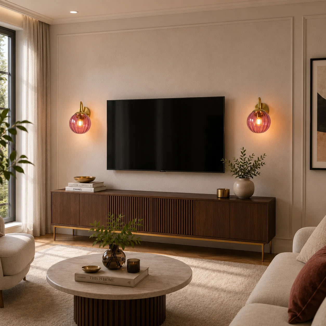 Gold Ribbed Glass Globe Nordic Wall Sconces in gold with rose red globe flanking a TV in a living room