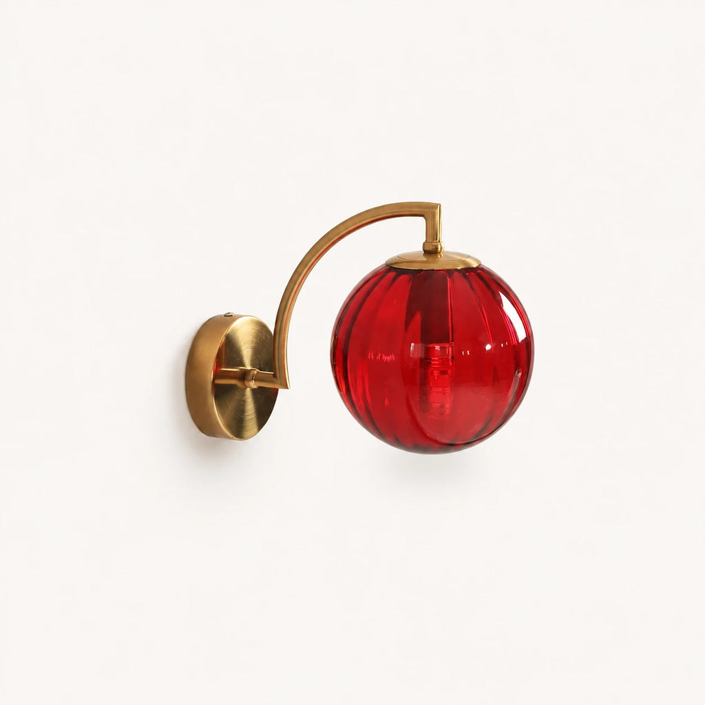 Gold Ribbed Glass Globe Nordic Wall Sconce in gold frame with red ribbed glass globe shade