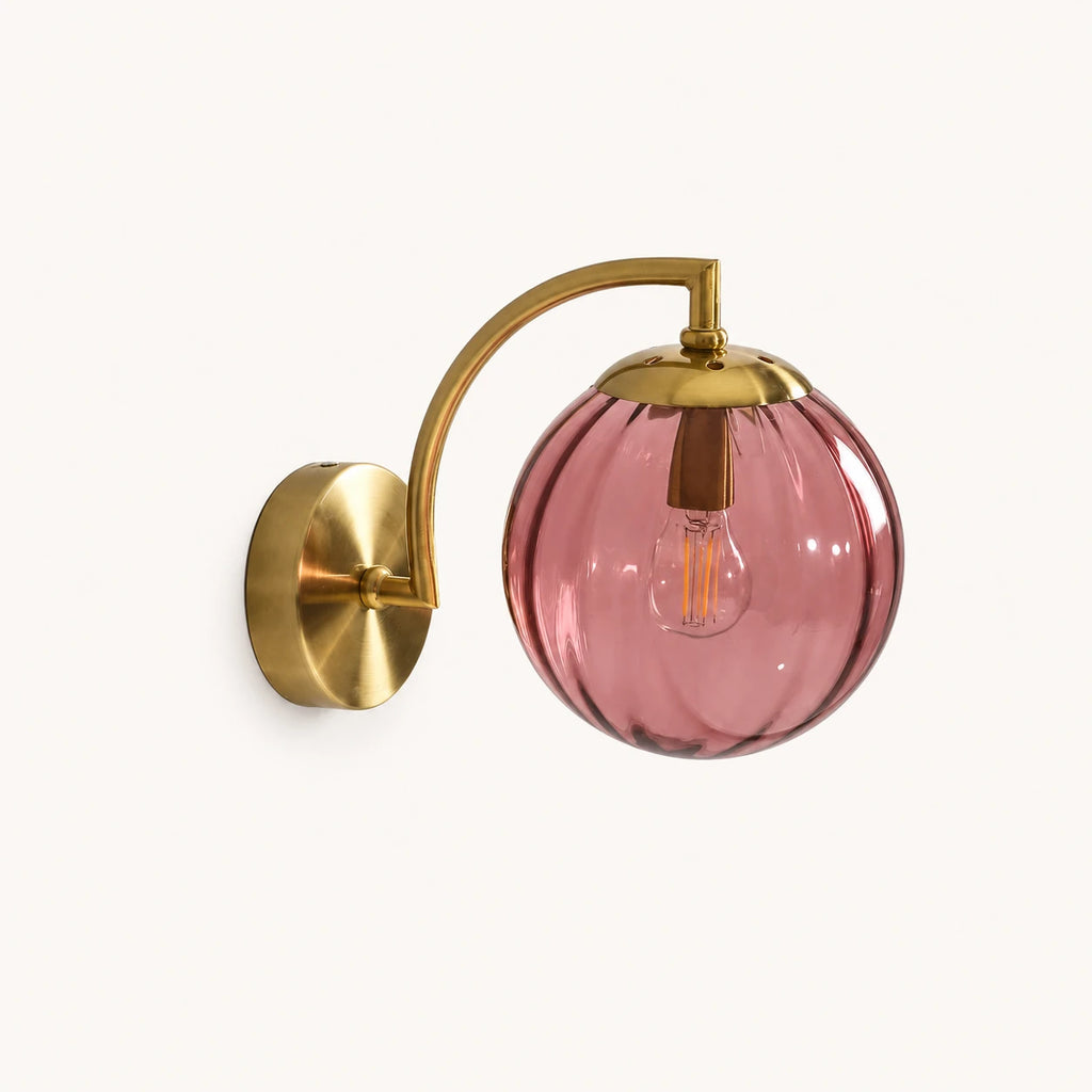 Gold Ribbed Glass Globe Nordic Wall Sconce in gold frame with rose red ribbed glass globe shade