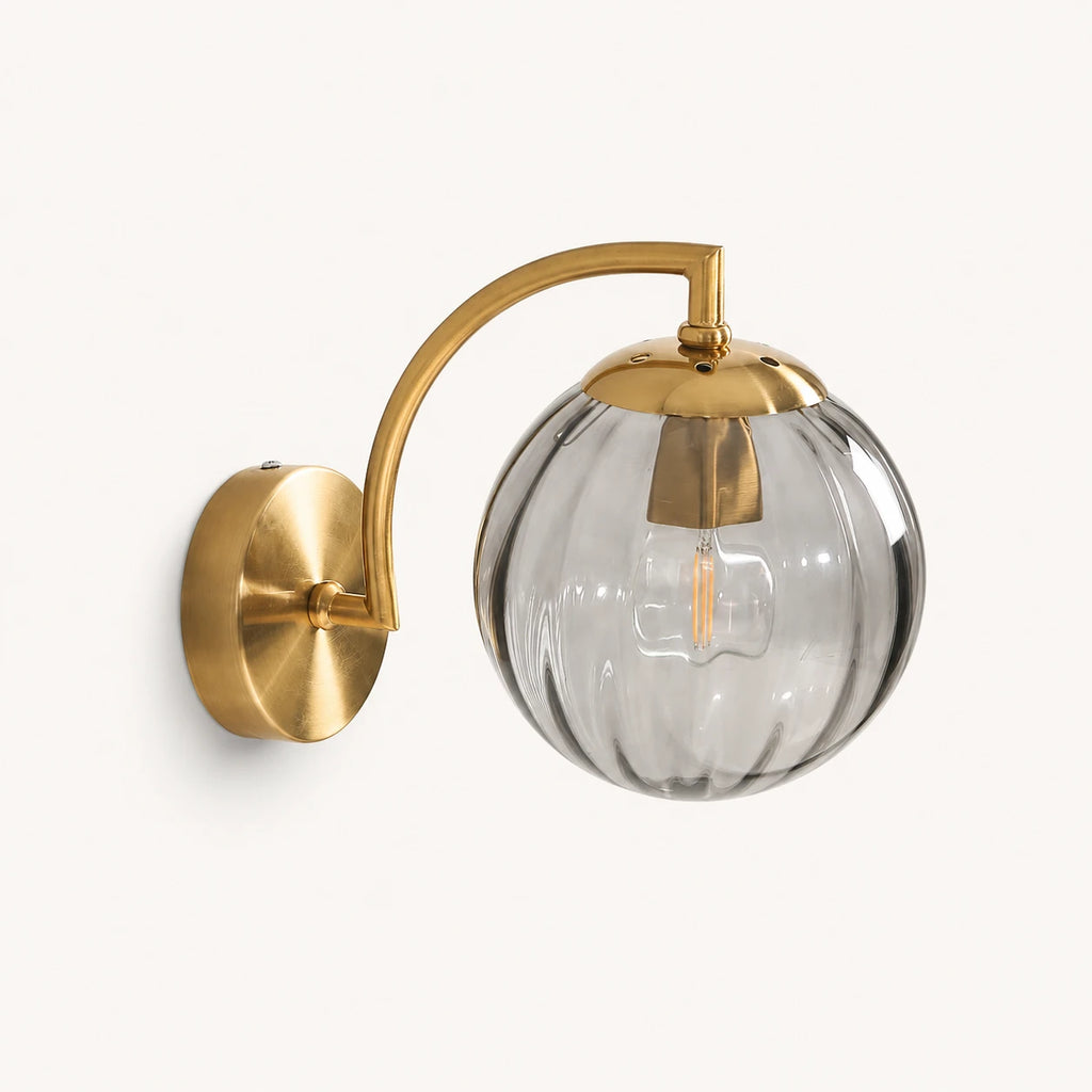 Gold Ribbed Glass Globe Nordic Wall Sconce in gold frame with smoke grey ribbed glass globe shade