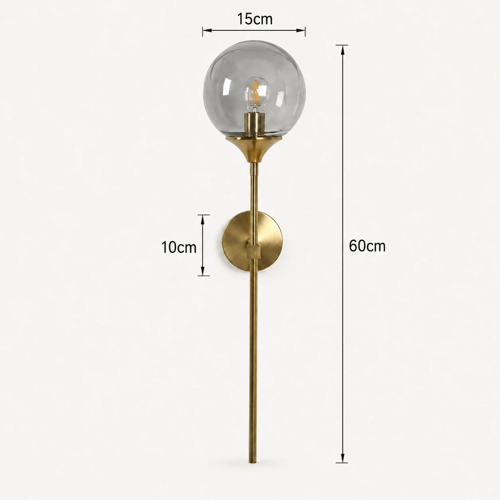 Gold & Silver Long Stem Glass Globe Nordic Wall Sconce dimension diagram showing stem length and globe size