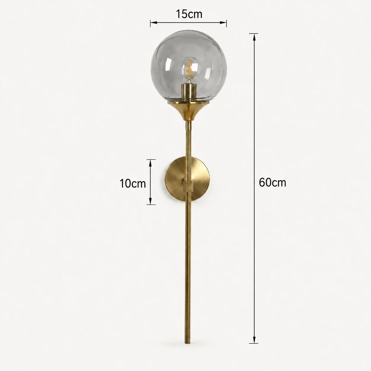 Gold & Silver Long Stem Glass Globe Nordic Wall Sconce dimension diagram showing stem length and globe size