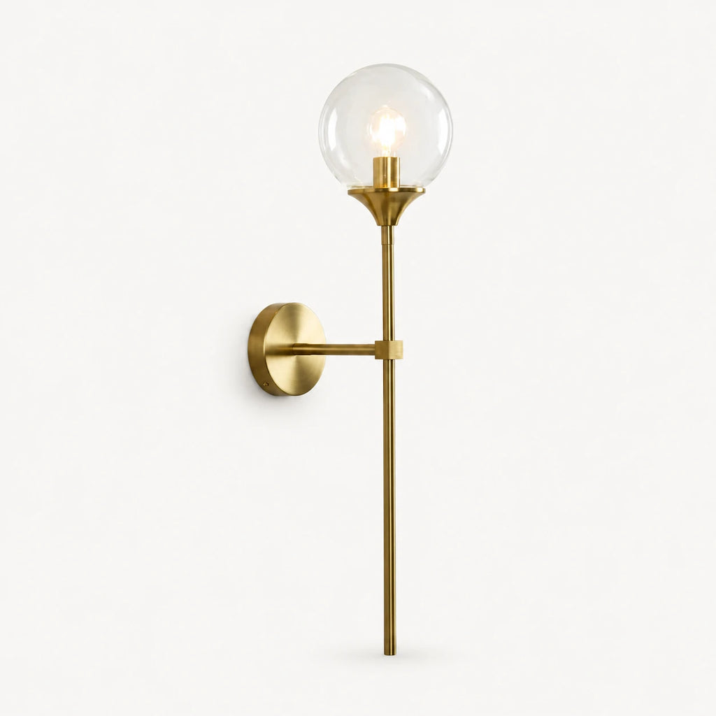 Gold & Silver Long Stem Glass Globe Nordic Wall Sconce in gold stem with clear glass globe