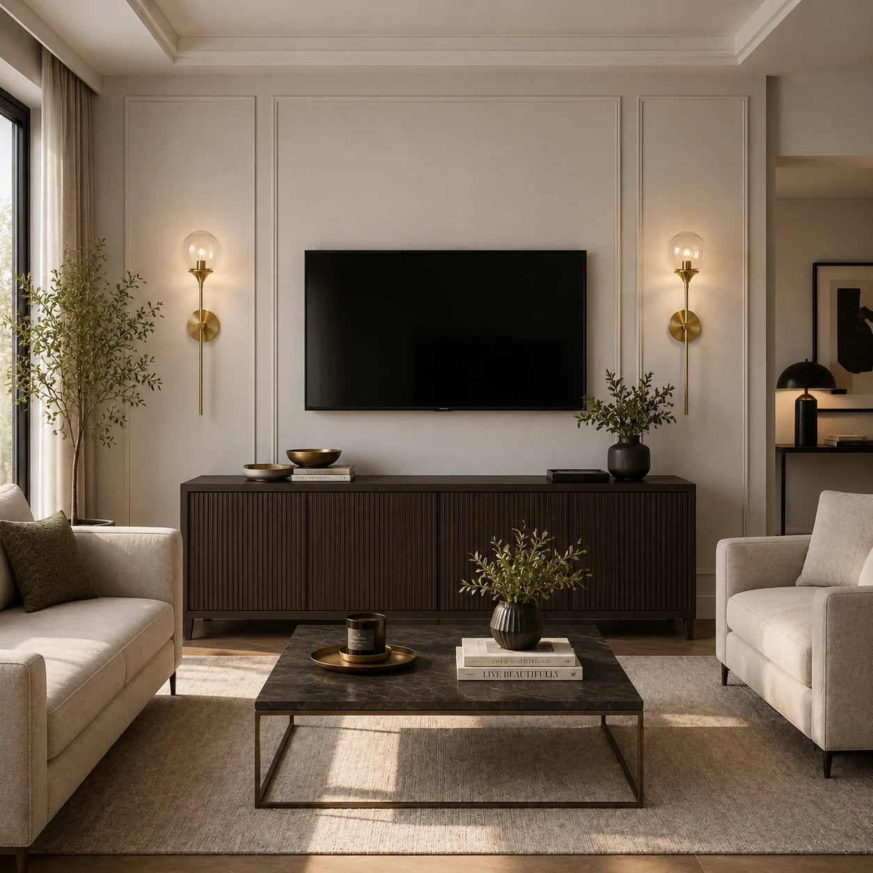 Gold & Silver Long Stem Glass Globe Nordic Wall Sconce after installation in living room