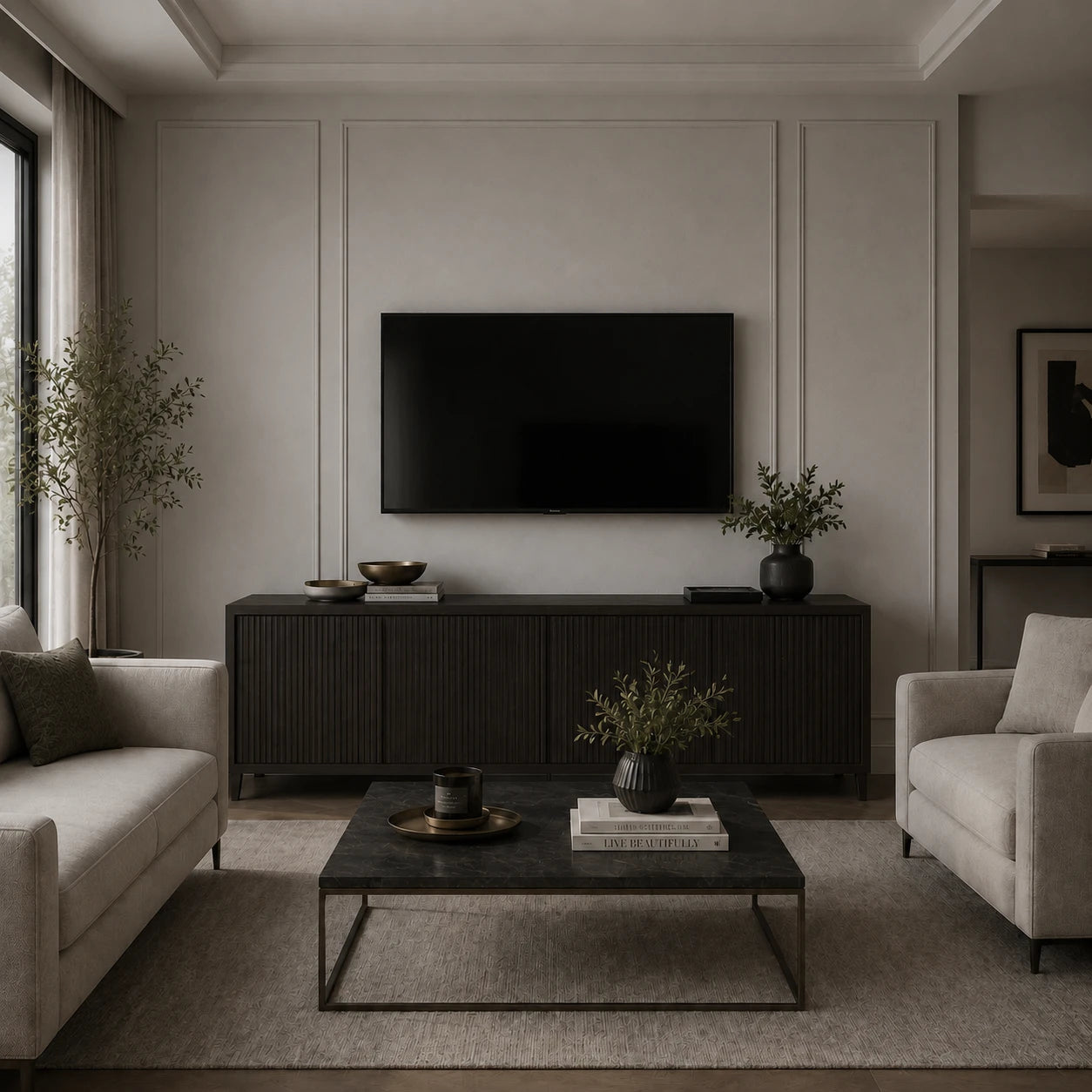 Modern living room with dark fluted TV unit and cream sofas before installing the gold and silver long stem glass globe Nordic wall sconce