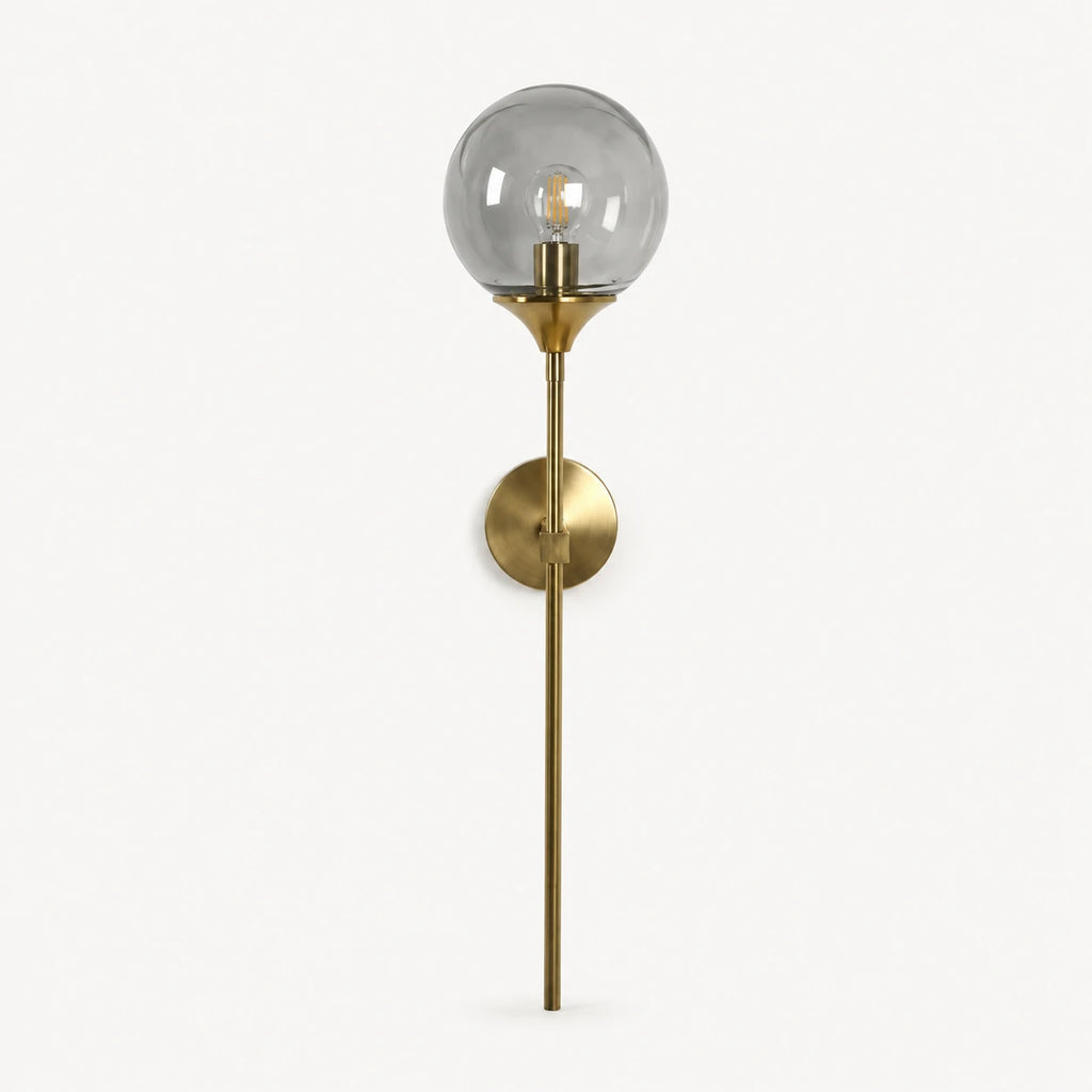 Gold & Silver Long Stem Glass Globe Nordic Wall Sconce in gold stem with smoke grey glass globe