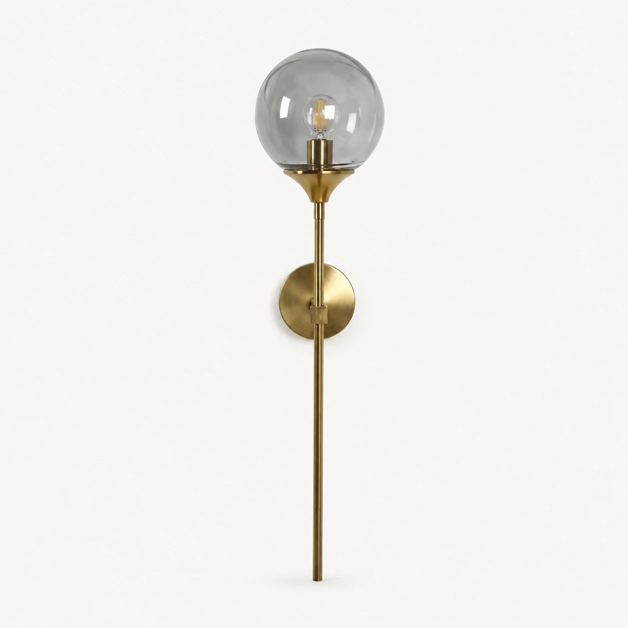 Gold & Silver Long Stem Glass Globe Nordic Wall Sconce in gold stem with smoke grey glass globe