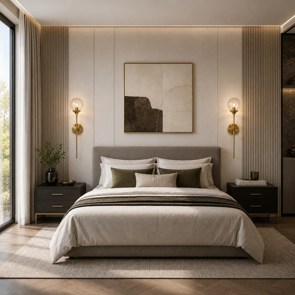 Gold & Silver Long Stem Glass Globe Nordic Wall Sconces in gold with clear glass globe in a second bedroom scene