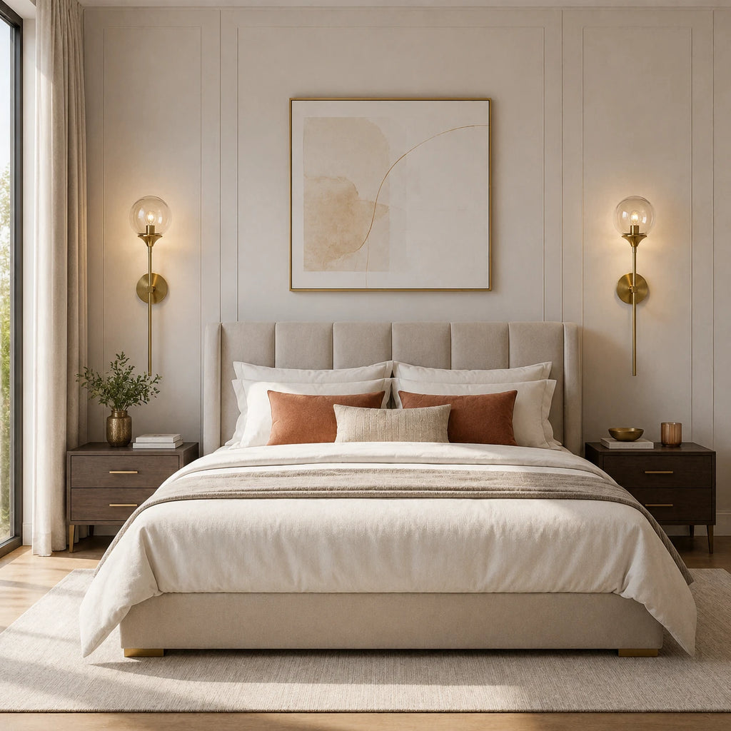 Gold & Silver Long Stem Glass Globe Nordic Wall Sconces in gold with clear glass globe in a Nordic bedroom