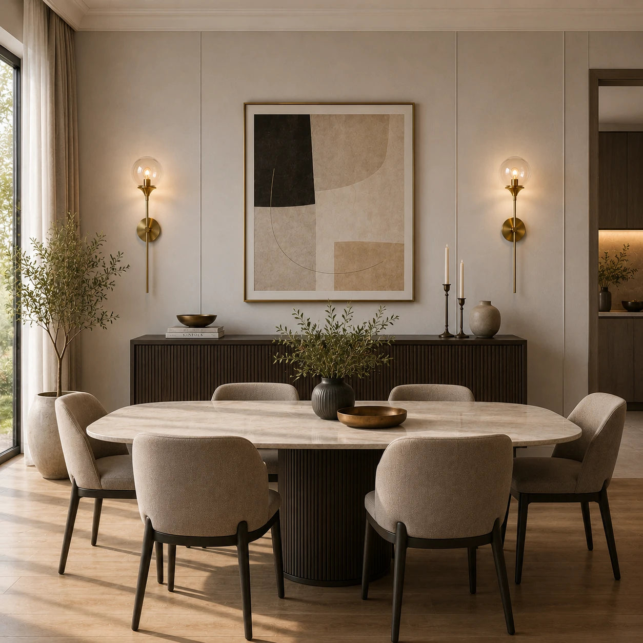 Gold & Silver Long Stem Glass Globe Nordic Wall Sconces in gold with clear globe in a Nordic dining room
