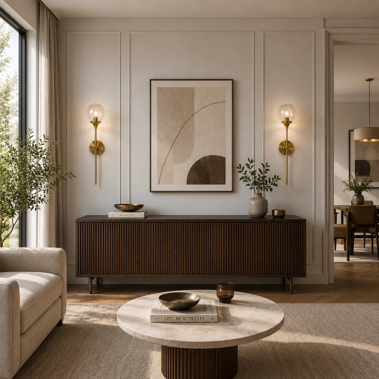 Gold & Silver Long Stem Glass Globe Nordic Wall Sconces in gold with clear globe in a contemporary living room