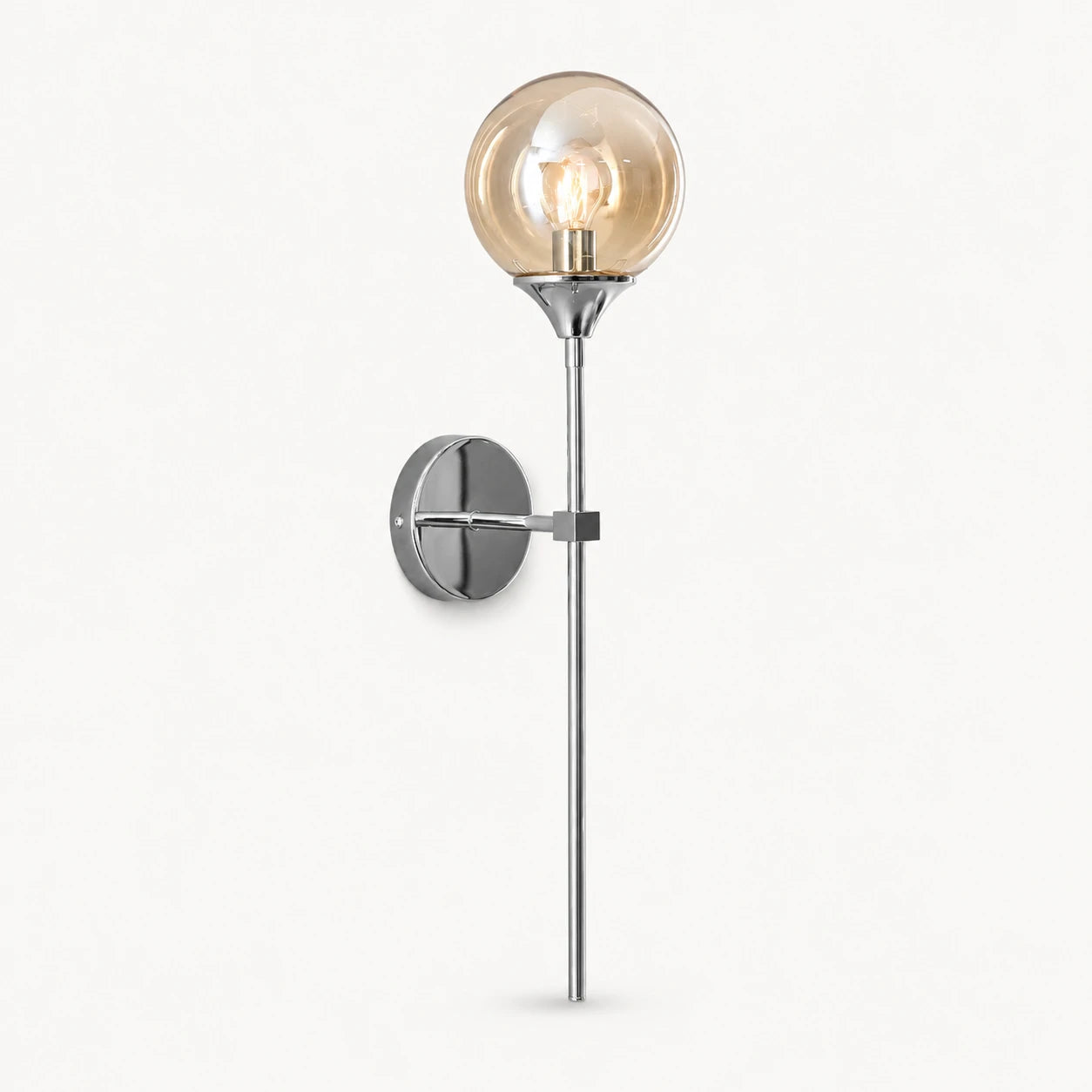 Gold & Silver Long Stem Glass Globe Nordic Wall Sconce in silver stem with amber glass globe shade