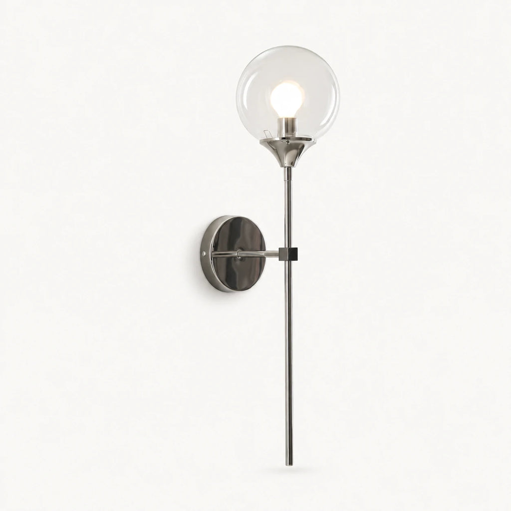 Gold & Silver Long Stem Glass Globe Nordic Wall Sconce in silver stem with clear glass globe shade