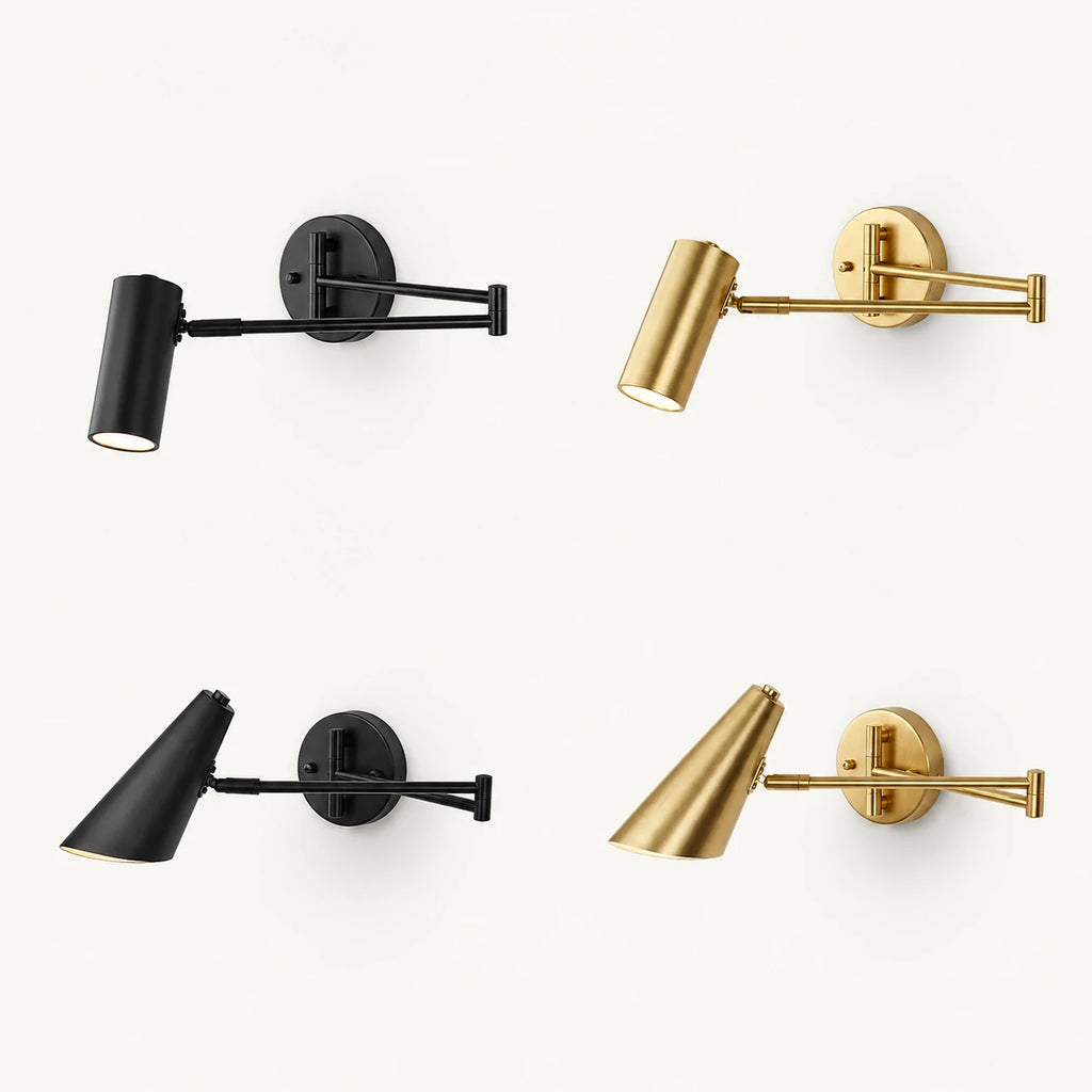 Industrial swing arm LED wall light all variants, cone and cylinder shade in black and gold