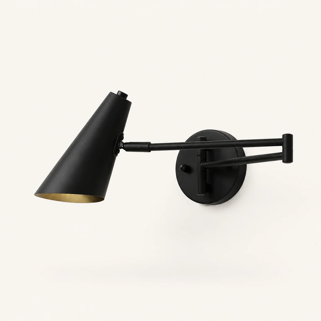 Industrial swing arm LED wall light with black cone shade — matte black hardware and directional cone shade product view.