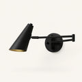 Industrial swing arm LED wall light with black cone shade — matte black hardware and directional cone shade product view.