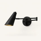 Industrial swing arm LED wall light with black cone shade — matte black hardware and directional cone shade product view.