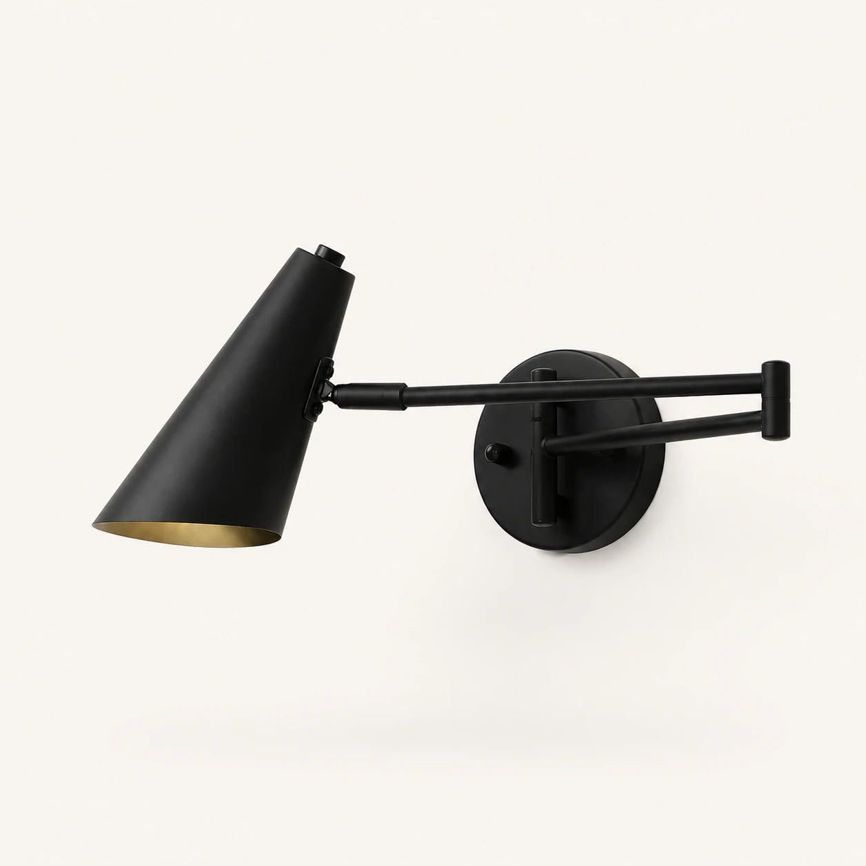 Industrial swing arm LED wall light with black cone shade — matte black hardware and directional cone shade product view.