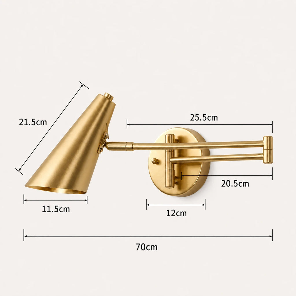 Industrial swing arm LED wall light cone shade — dimensions diagram showing arm reach, height and wall projection measurements.