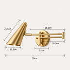 Industrial swing arm LED wall light cone shade — dimensions diagram showing arm reach, height and wall projection measurements.