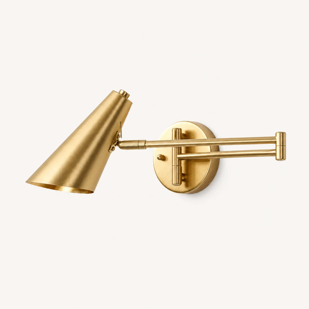 Industrial swing arm LED wall light with gold cone shade — brushed gold hardware and directional cone shade product view.