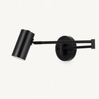Industrial swing arm LED wall light with black cylinder shade — matte black hardware and open cylinder shade product view.