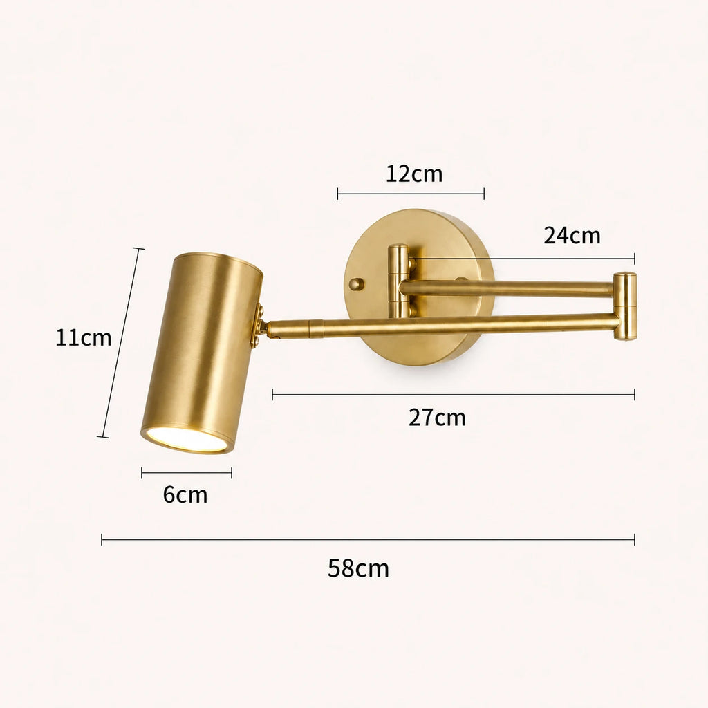 Industrial swing arm LED wall light cylinder shade — dimensions diagram showing arm reach, height and wall projection measurements.