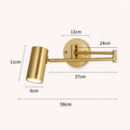 Industrial swing arm LED wall light cylinder shade — dimensions diagram showing arm reach, height and wall projection measurements.