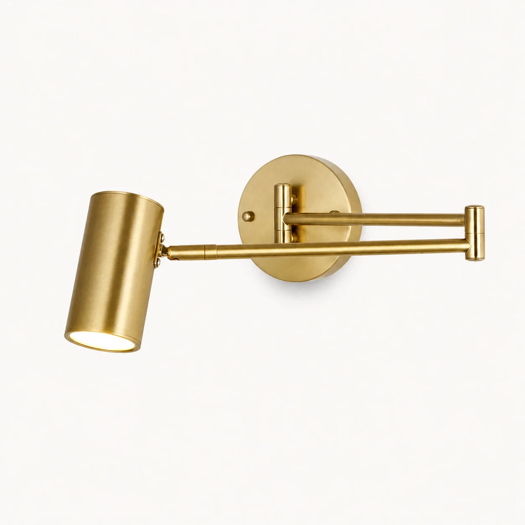 Industrial swing arm LED wall light with gold cylinder shade — brushed gold hardware and open cylinder shade product view.