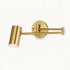 Industrial swing arm LED wall light with gold cylinder shade — brushed gold hardware and open cylinder shade product view.