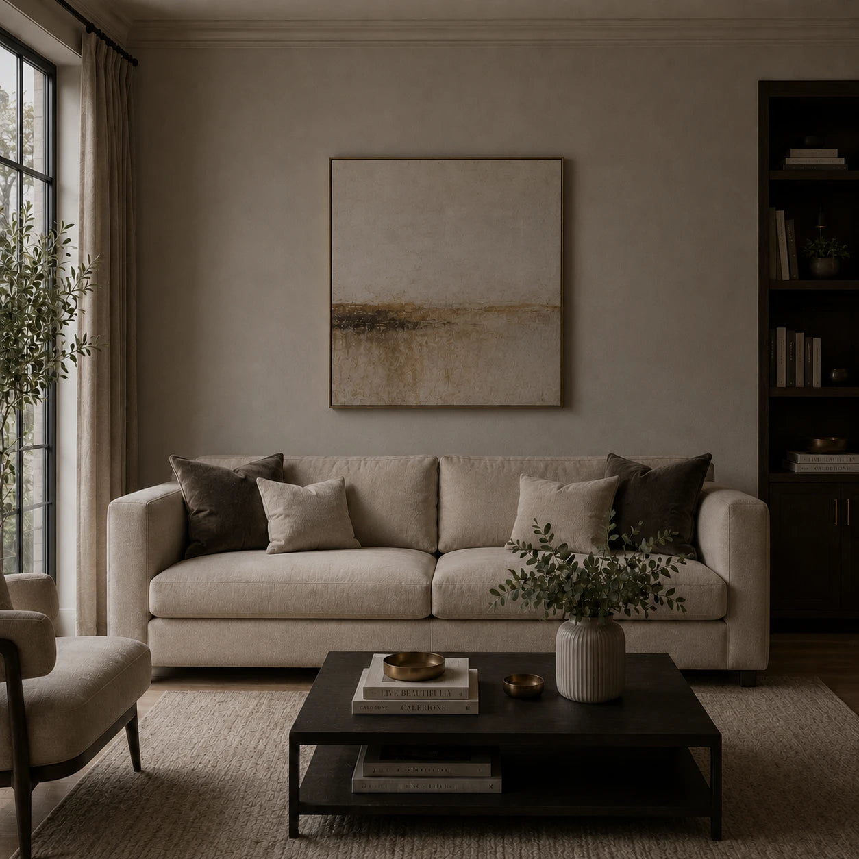 Warm living room with cream sofa and dark metal-framed coffee table before installing the industrial swing arm wall light