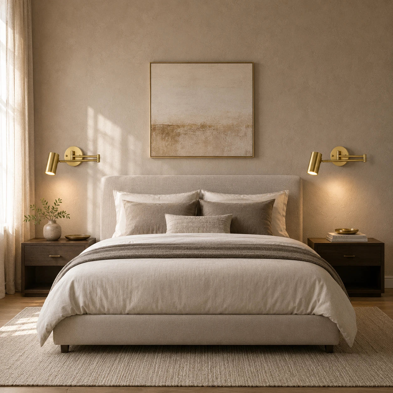 Industrial Swing Arm Wall Light lifestyle bedroom, gold cylinder shade
