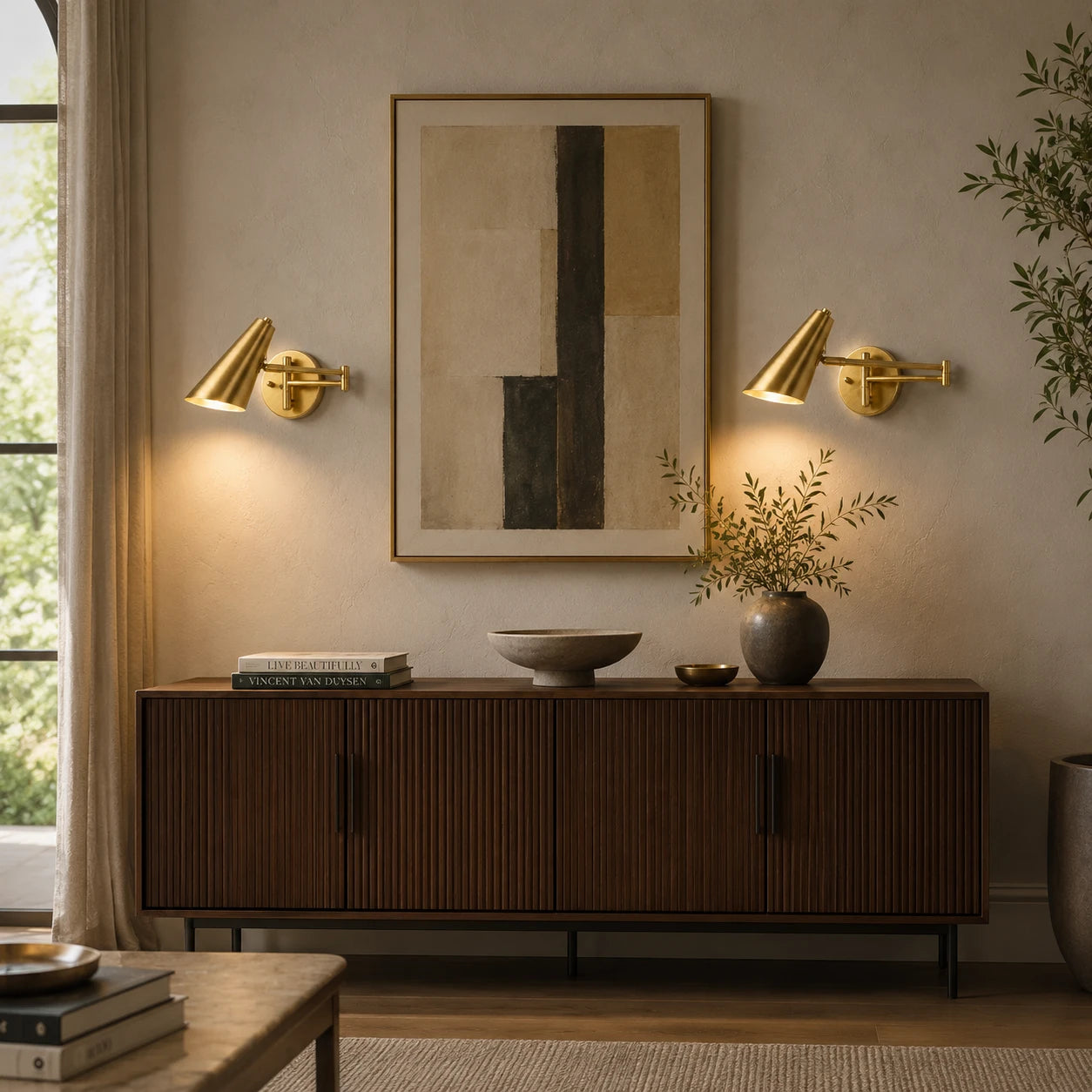 Industrial Swing Arm Wall Light lifestyle hallway, gold cone shade