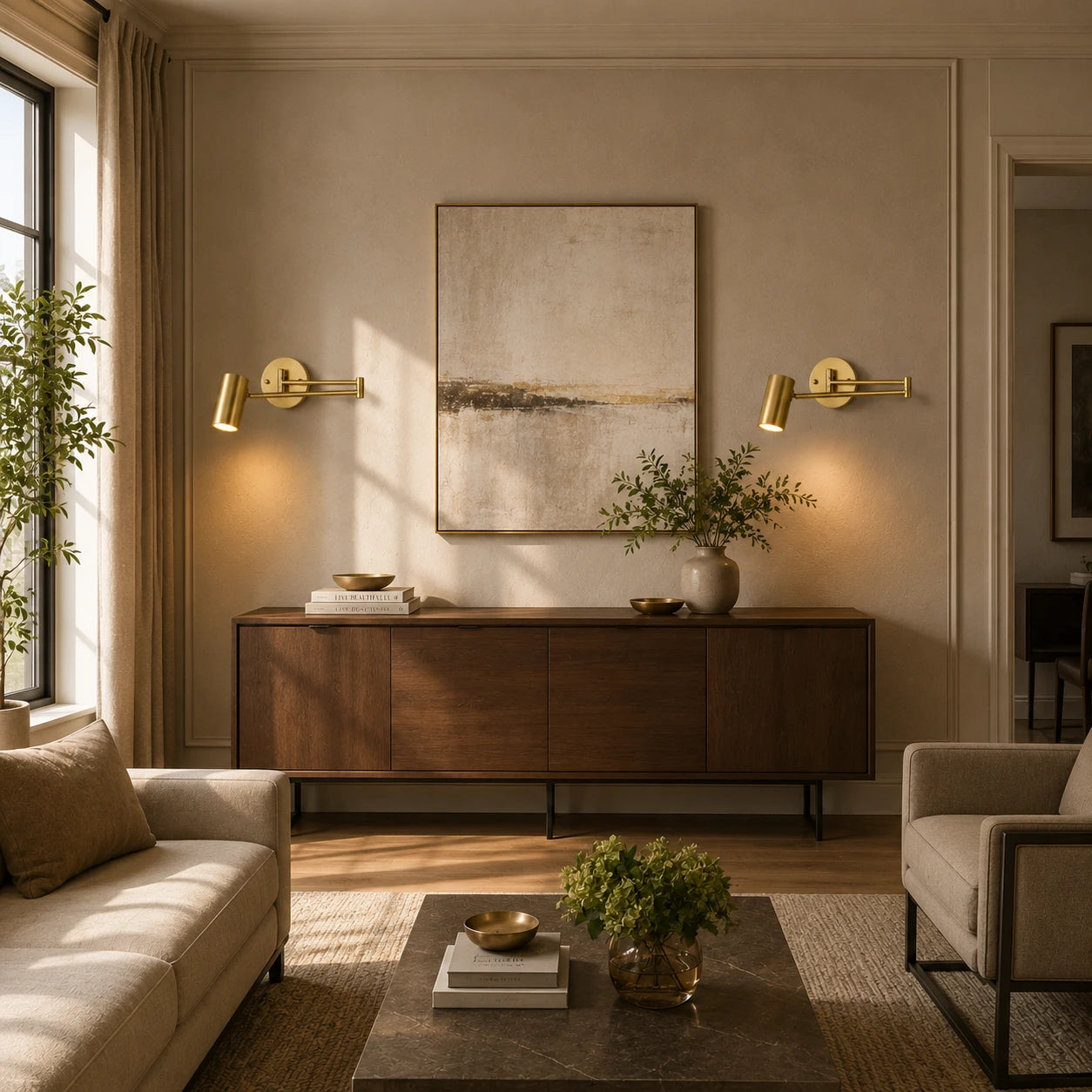 Industrial Swing Arm Wall Light lifestyle living room, gold cylinder shade