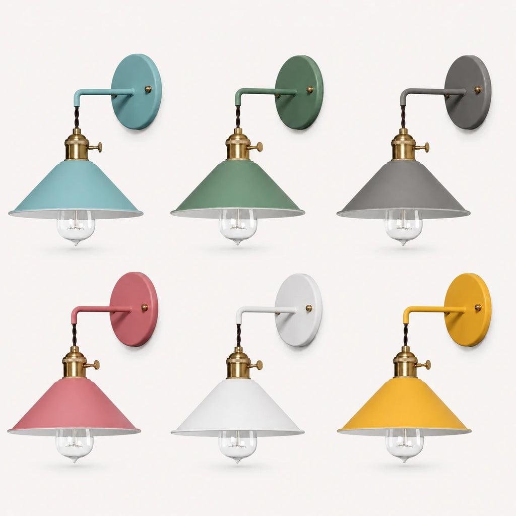 Macaron cone retro wall sconce in all colour options — blue, green, grey, pink, white, and yellow pastel shades.