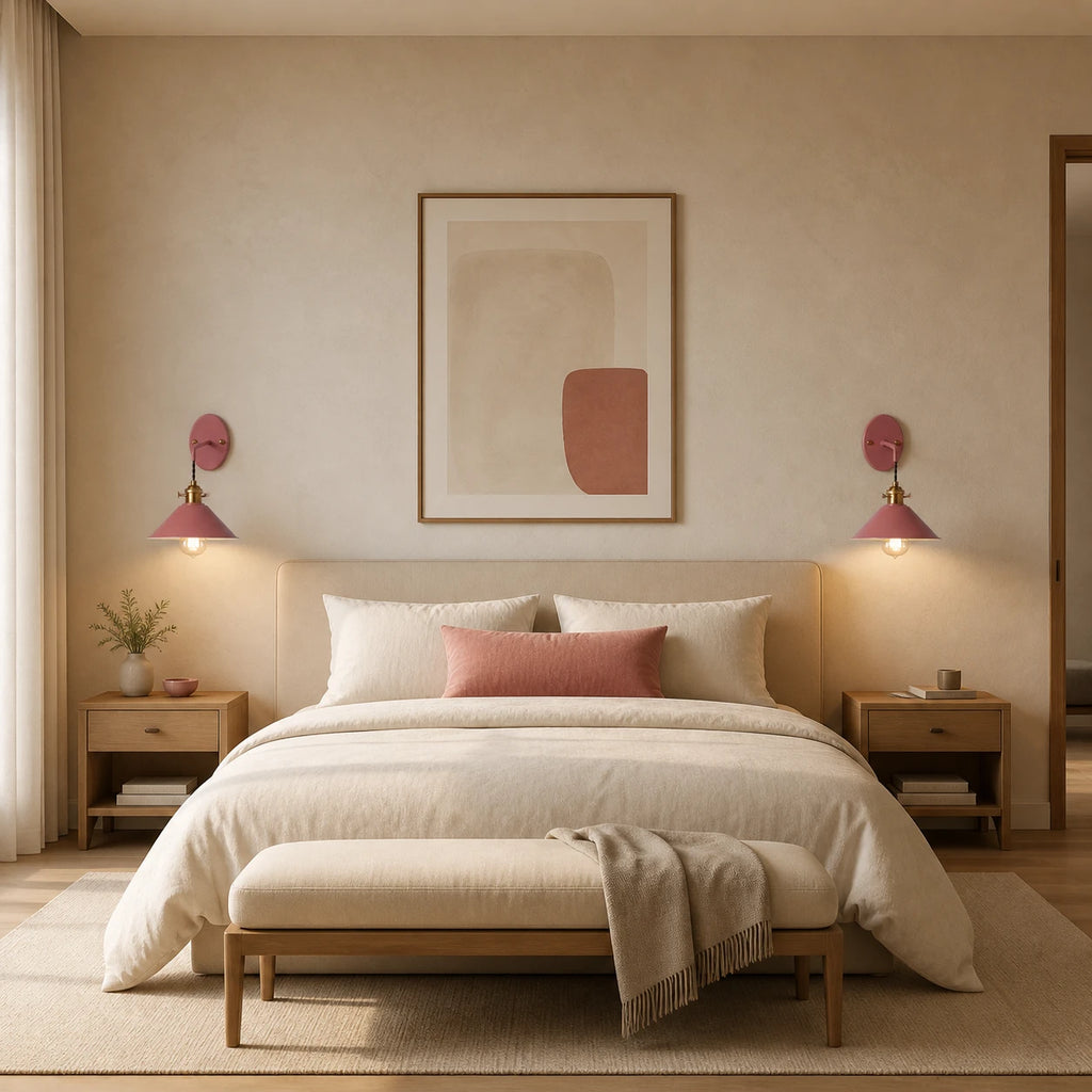 Pair of pink macaron cone retro wall sconces beside a bed in a warm Scandinavian-inspired bedroom