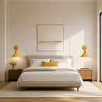 Pair of yellow macaron cone retro wall sconces either side of a bed in a bright minimalist bedroom