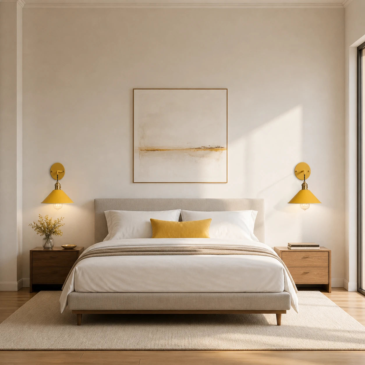 Pair of yellow macaron cone retro wall sconces either side of a bed in a bright minimalist bedroom