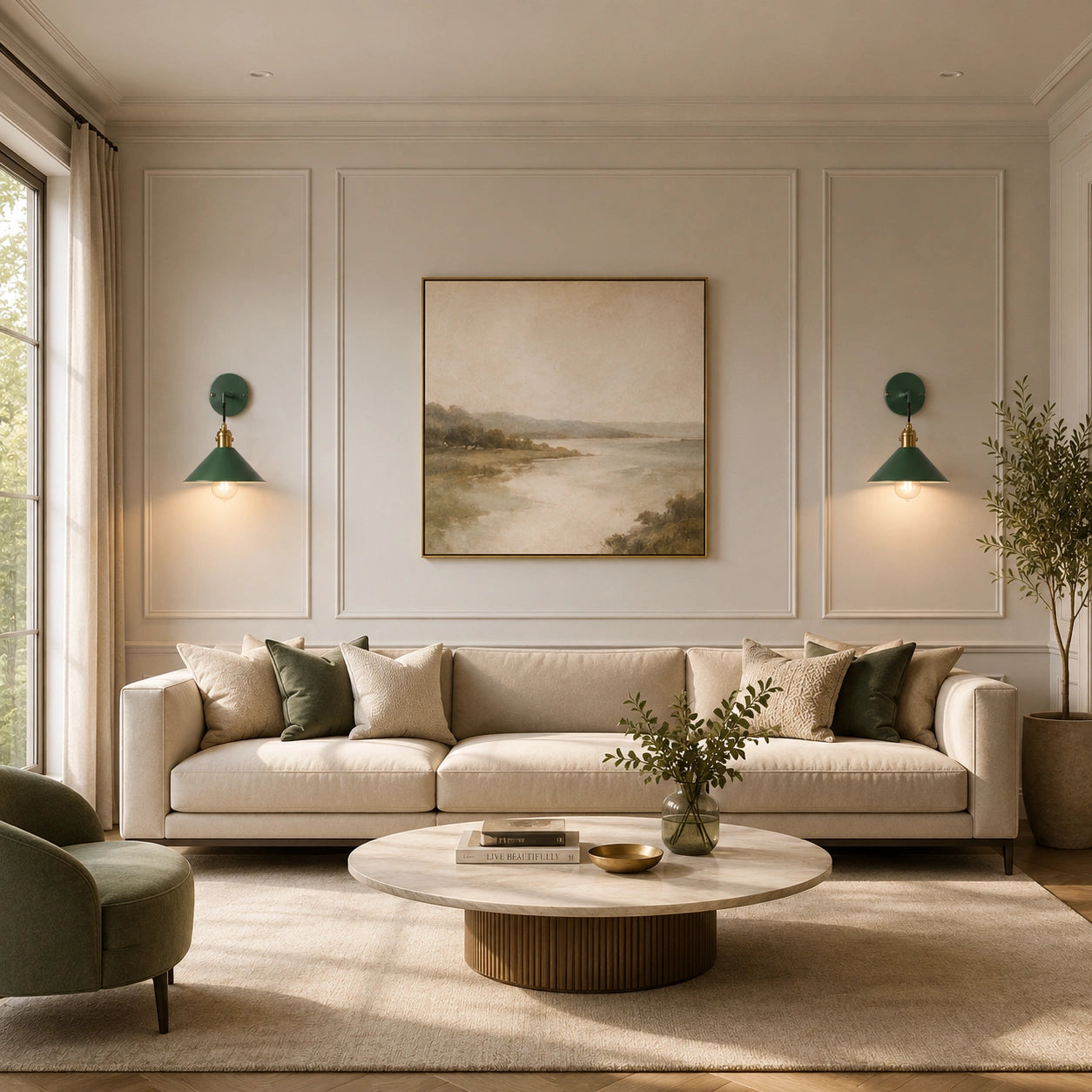 Green macaron cone retro wall sconces flanking a large artwork above a sofa in an elegant living room