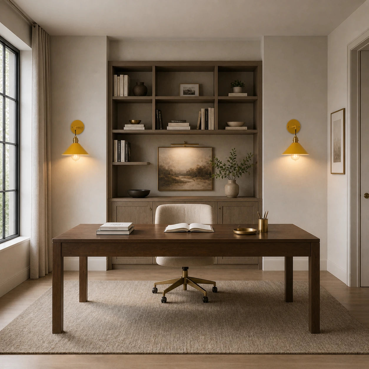 Yellow macaron cone retro wall sconces flanking a bookshelf above a wooden desk in a stylish home study