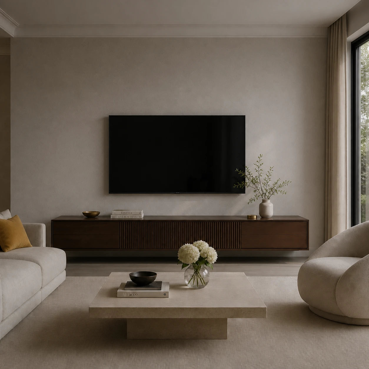Bright living room with cream sofas and ochre cushion before installing the macaron cone retro wall sconce