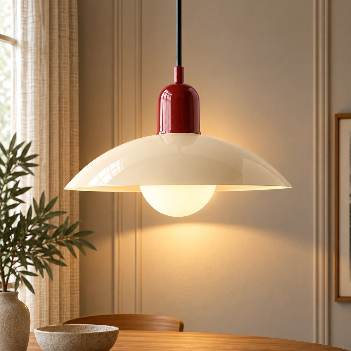 Macaron Dome Pendant Light in Beige shade with a Red fitting and bold geometric Bauhaus styling.