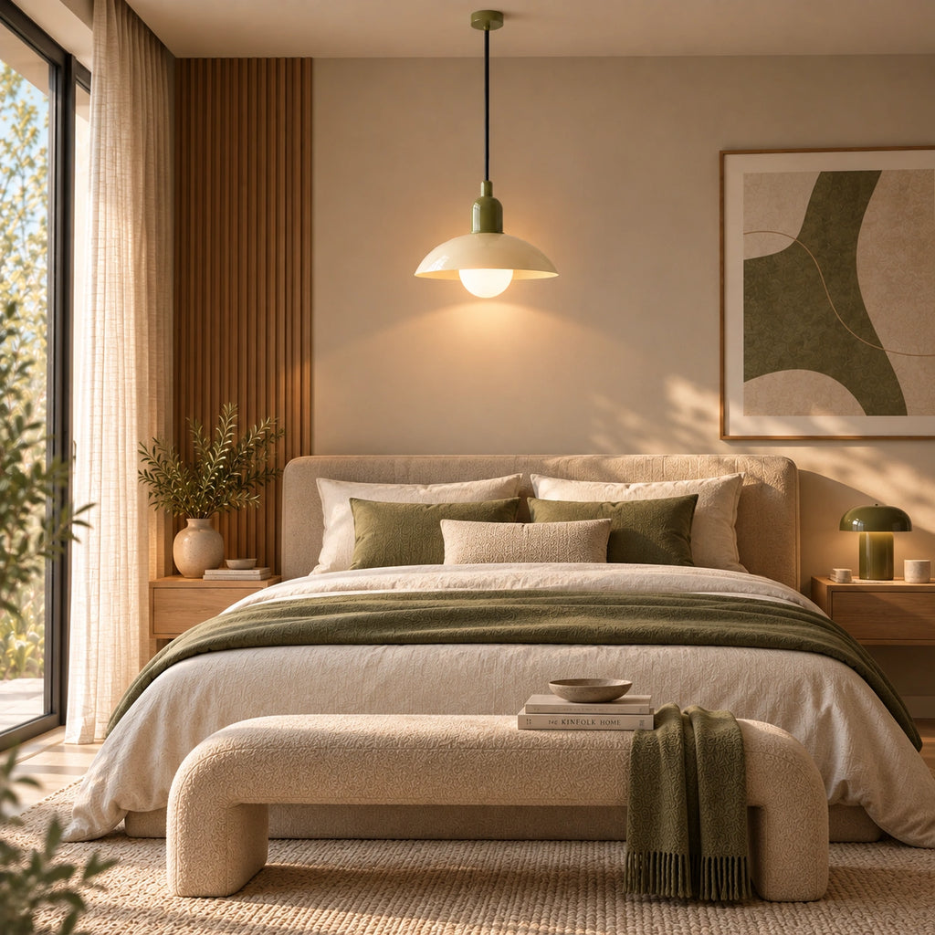 Macaron Dome Pendant Light in Beige shade and Green fitting installed above furniture in a bedroom setting.