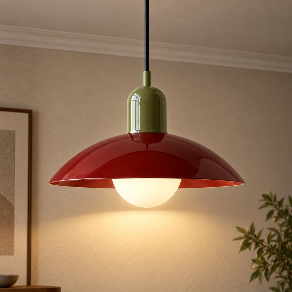 Macaron Dome Pendant Light in Red shade with a Green fitting and bold geometric Bauhaus styling.